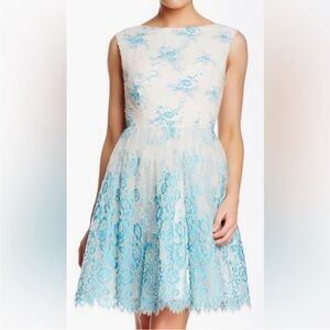 Alice + Olivia Fila Flare Box Pleat Blue Floral Lace Mini Dress